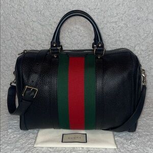 Gucci Boston Web Red Green Stripe Leather Satchel Crossbody Bag in Black 247205